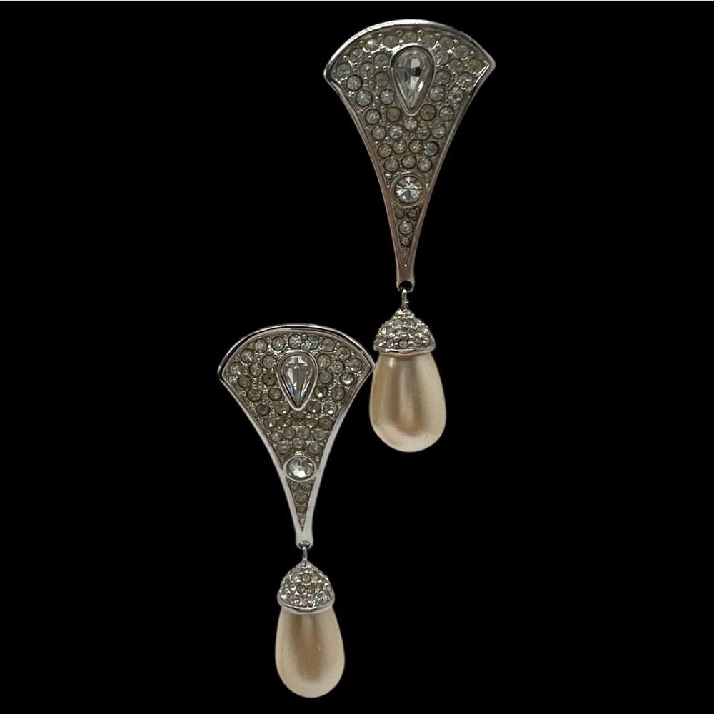Vintage Swarovski Statement Crystal Cluster Teardrop Faux Pearl Clip-On Earrings